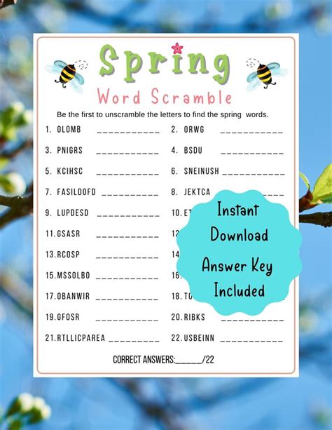 Spring Word Scramble Printable Game Fun Spring Party Games Etsy In