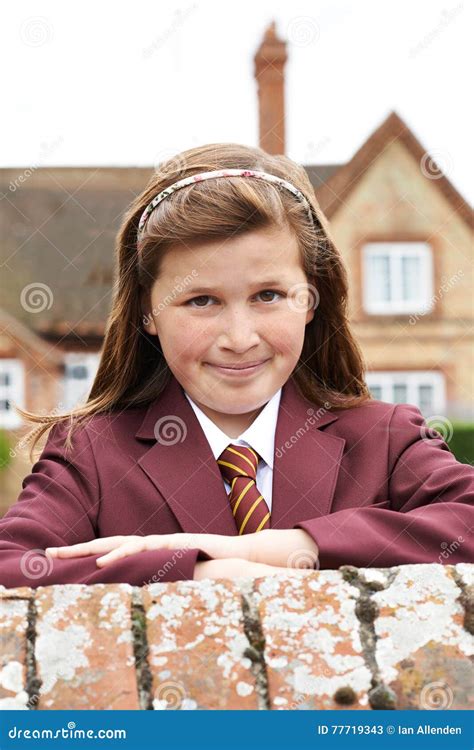 Portrait Of Girl In Uniform Outside School Building Stock Image Image