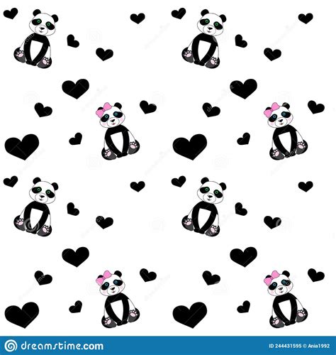 Cute Seamless Pattern With Pandas And Hearts Stock Vector