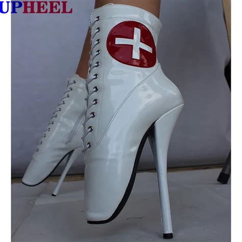 upheel 18cm heel extreme high heel 7 ballet shoe sexy fetish white shiny laceup boot patent