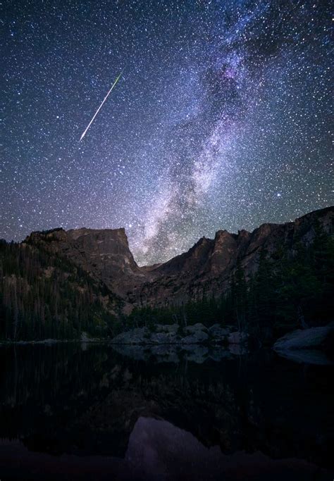 Perseid Meteor And The Milky Way Above Dream Lake Rocky Mountain