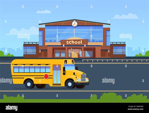 School Building College Exterior With Yellow Bus Education Background