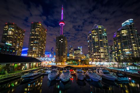 Marina And Buildings At The Harbourfront At Night In Toronto O