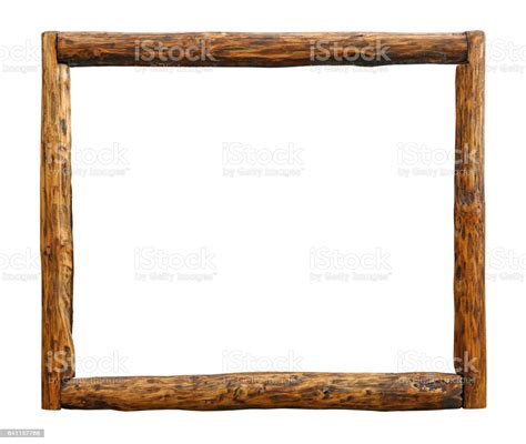 Old Vintage Wooden Brown Rustic Log Border Frame Isolated On White