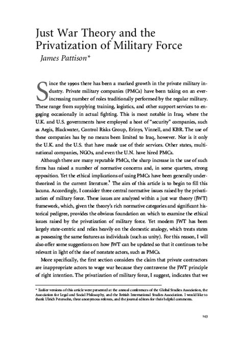 Pdf Just War Theory And The Privatization Of Military Force James Pattison