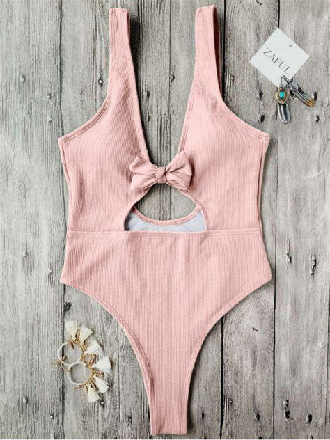 18 Off 2021 Bowknot Textured High Cut One Piece Swimsuit In Pink Zaful