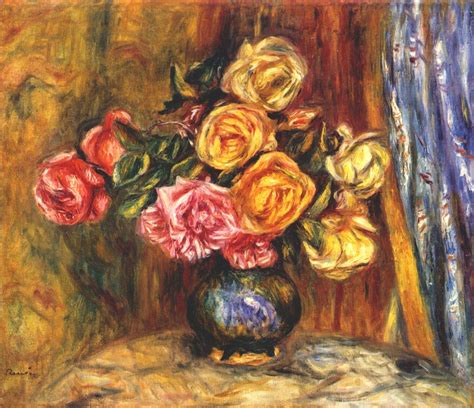 Roses In Front Of A Blue Curtain Pierre Auguste Renoir