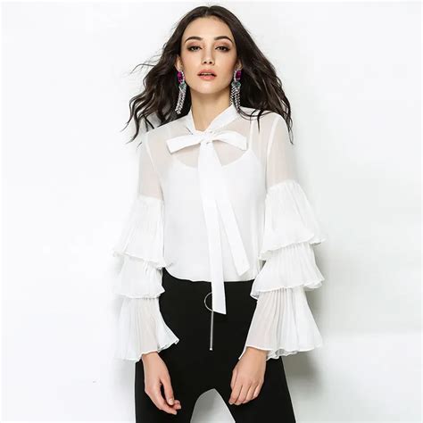 good quality 2017 new fashion autumn ladies designer shirt tops women s white layer ruffle long
