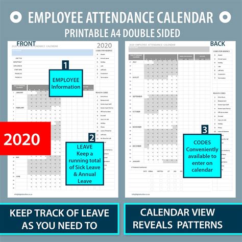 2020 A4 Printable Employee Attendance Calendartracker For Hr Etsy