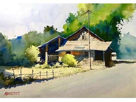 House On Village Road Watercolor Painting By Abhijeet Bahadure