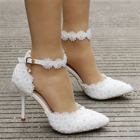 Super High Thin 9cm Heels White Lace Wedding Shoes Bride Sexy Point