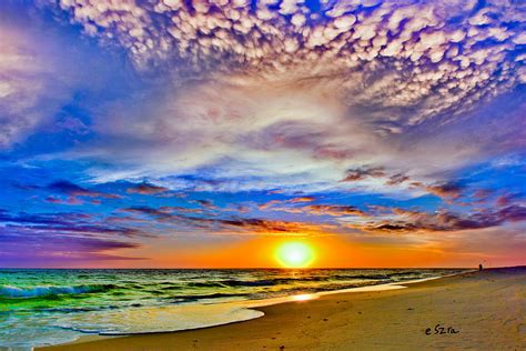 Pensacola Beach Saturated Landscape Colorful Sky Puffy White Clouds