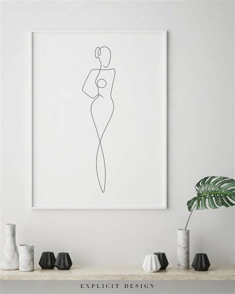 Printable Illustrated One Continuous Line Female Figure Drawing Minimalist Nude Woman Body Art
