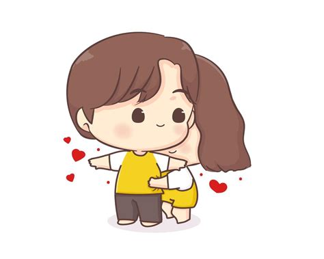 Cute Lovers Couple Chibi Cartoon Character Girl Hugging Her Boy Friend