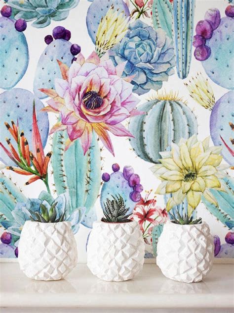 Watercolor Cactus Wallpaper Removable Wallpaper Etsy