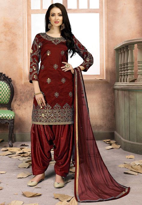 Embroidered Art Silk Punjabi Suit In Maroon Indian Dresses