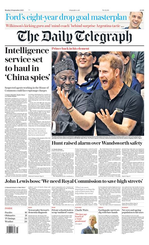 Daily Telegraph Front Page 11th Of September 2023 Tomorrow S Papers