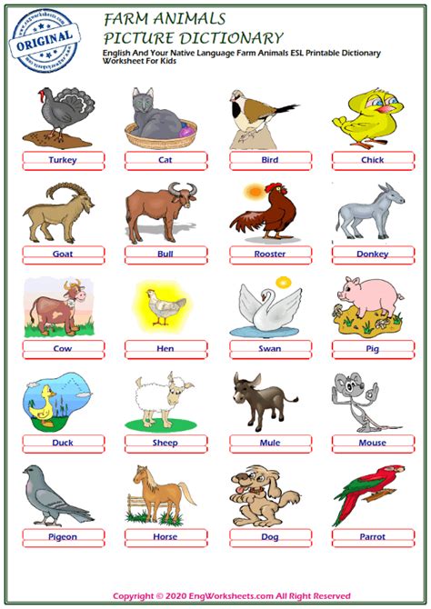 Farm Animals Esl Printable Picture Dictionary Worksheet For Kids