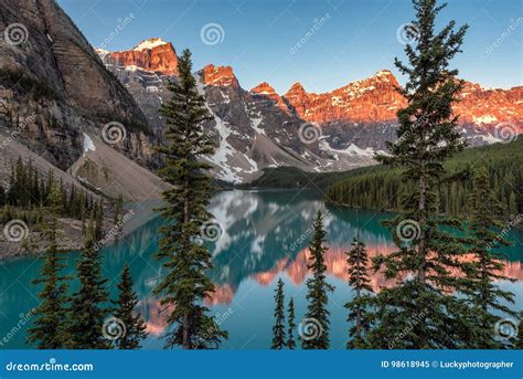 Sunset At Moraine Lake In Canadian Rockies Stock Image Image Of