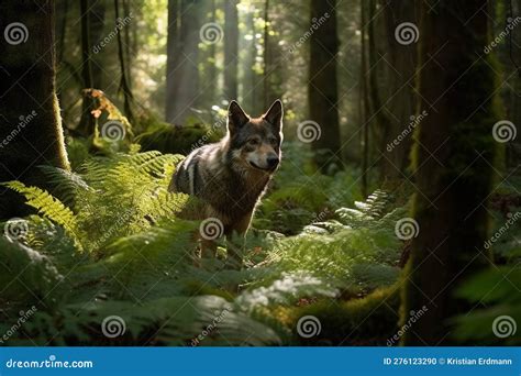 Stealthy Gray Wolf Prowling Through Dense Boreal Forest Ferns Moss