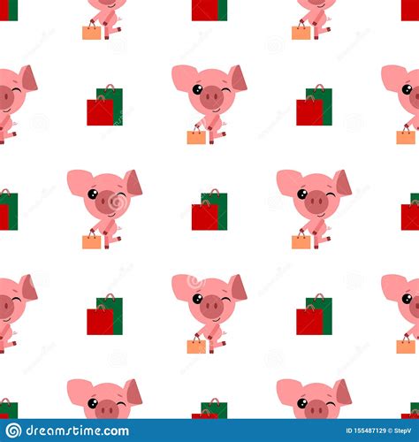 Vector Seamless Background With Cute Cartoon Pink Pig