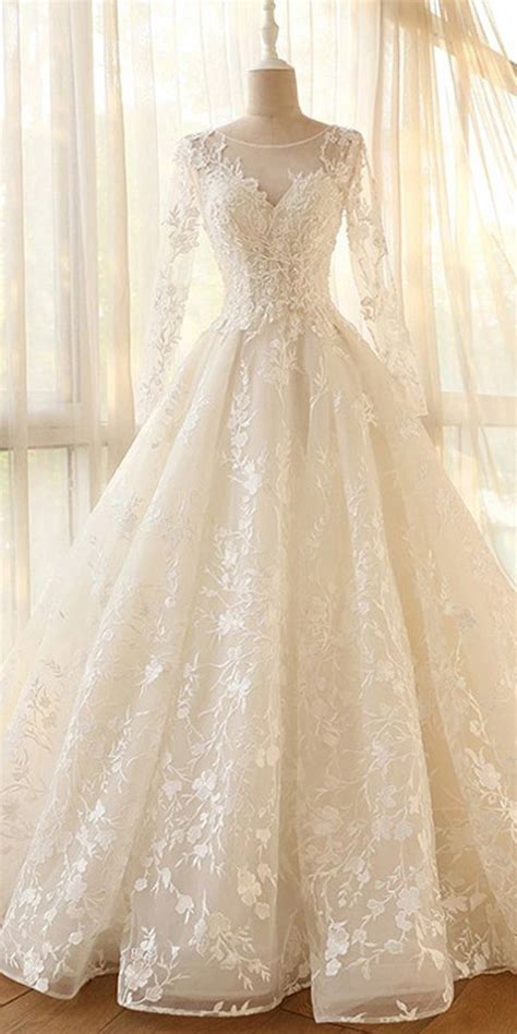 Glamour Modest Jewel Neck Modest Long Sleeve Ball Gown Wedding Dress