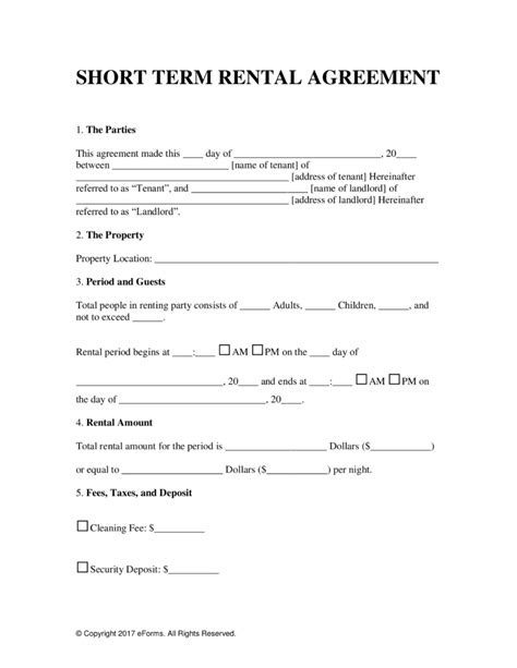 Free Vacation Short Term Rental Lease Agreement Word Pdf Eforms