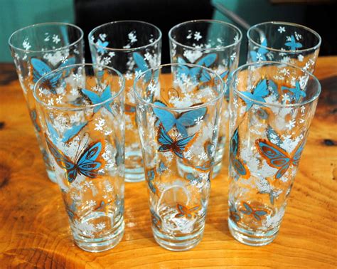 Vintage Butterfly Drinking Glasses Set Of 7 Circa