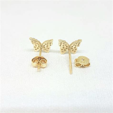 K Real Solid Gold Butterfly Stud Earrings For Women