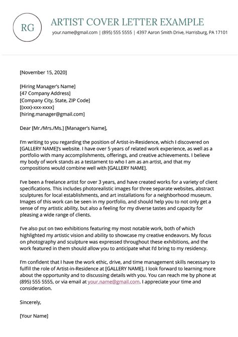 This letter can be written by any person who is making the application of the job and wants to convey some other information about him/herself to the hiring company in the context of the job profile. Artist Cover Letter Example | Resume Genius