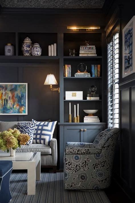 Beautifully Appointed Gray And Dark Blue Den Features Dark Blue Built