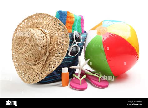 Beach Items With Straw Hattowelflip Flopssunblockbeach Ball And