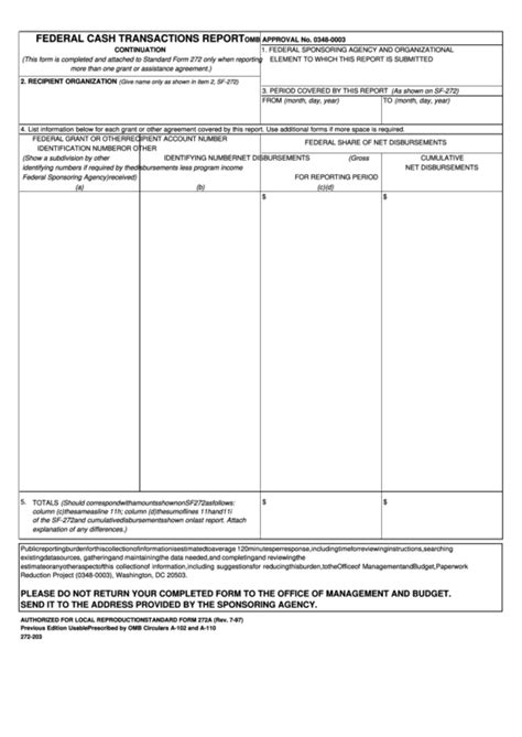 Standard Form 272a Federal Cash Transactions Report Printable Pdf