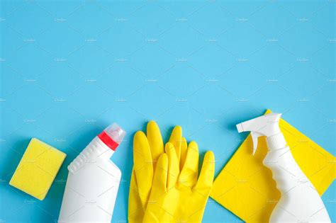 Cleaning Supplies On Blue Background Featuring Cleaning Supplies And