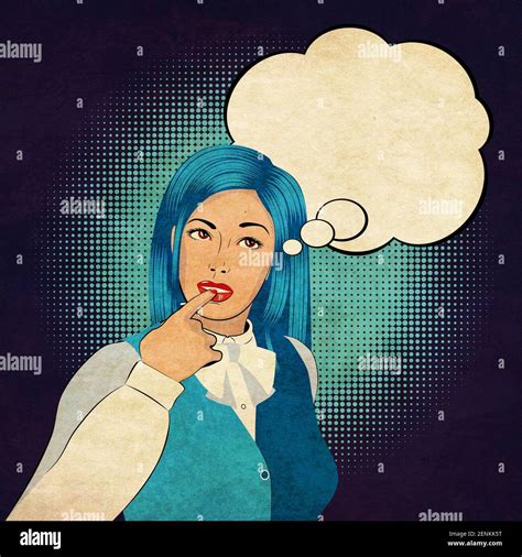 Young Thoughtful Woman Retro Pop Art Style Textured Illustration Stock