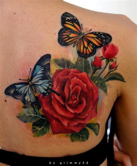 Two Butterflies Pose With A Red Rose Flower In This Colorful Tattoo