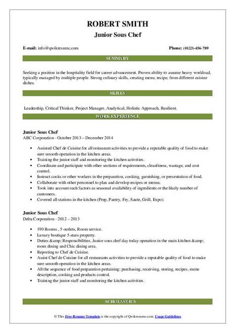 Junior Sous Chef Resume Samples Qwikresume