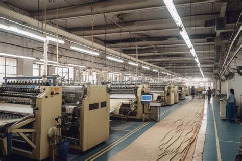 Textile Factory With Machines And Workers Producing Various Fabrics