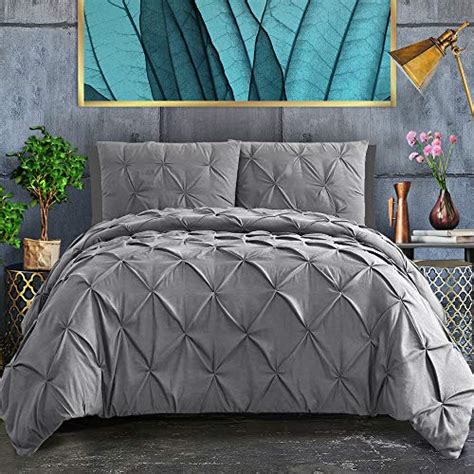 Ashleyriver 3 Piece Grey Queen Duvet Cover Luxurious Pinch Pleated