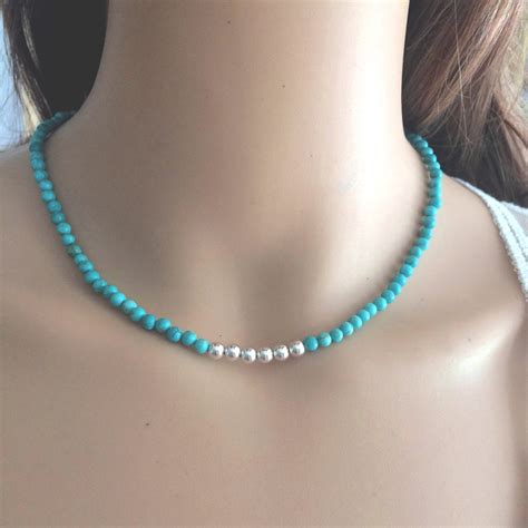 Turquoise Choker Necklace Sterling Silver Or K Gold Fill Real Tiny