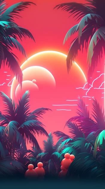 Premium Ai Image Neon Tropical Synthwave Theme 3d Abstract Background