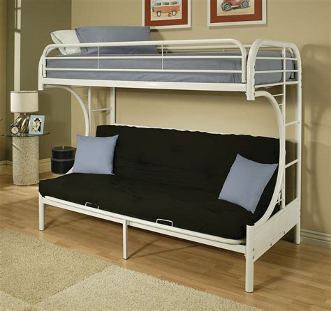 This brilliant design hides three single beds inside of this italian sofa. White Metal C Shape Twin Over Full Futon Bunk Bed With Ladder