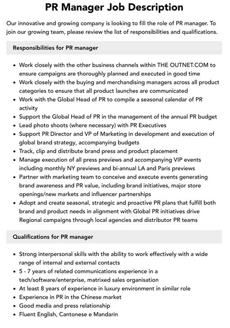 Pr Manager Job Description Velvet Jobs