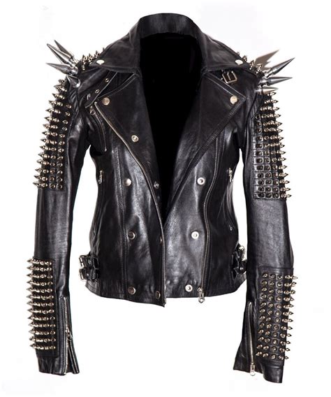 Men Silver Studded Long Spiked Jacket Leather Black Patches Spike Studs
