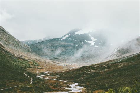 Foggy Mountains Landscape In Jotunheimen National Park Norway Stock