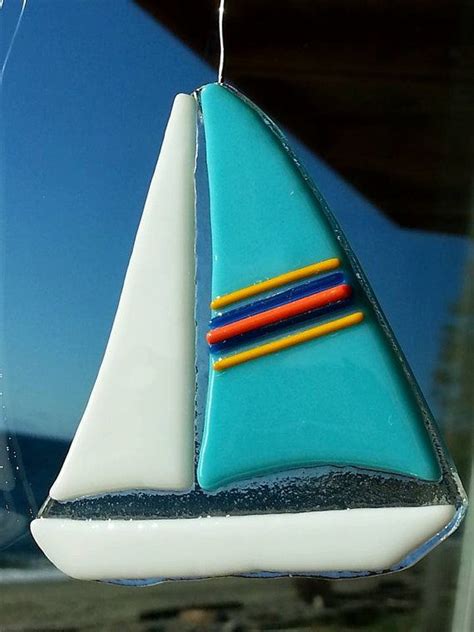 Fused Glass Blue Sailboat Tree Ornament Or Sun By Recycledelicbc