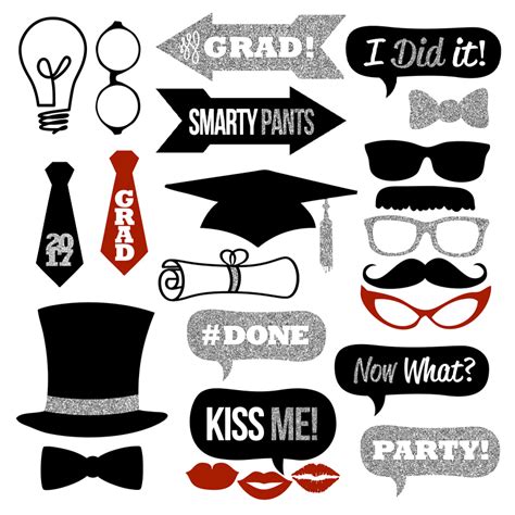 2017 Graduation Photo Booth Props Silver Glitter Collection Printable