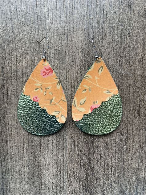 Floral And Solid Layered Tear Drop Faux Leather Earrings Etsy In 2020