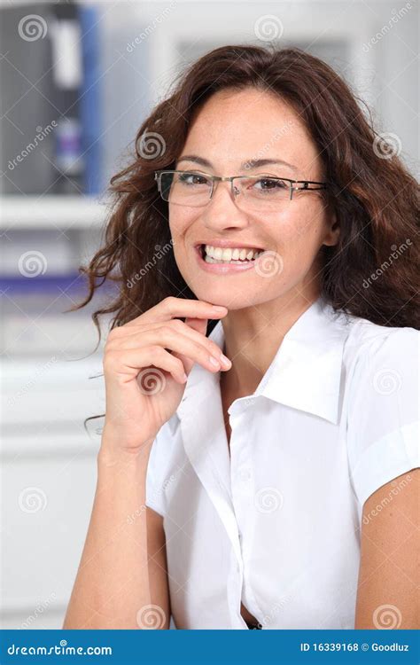 Smiling Woman With Eyeglasses Stock Photo Image Of Worker Indoors