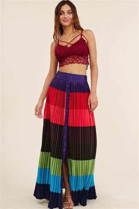 High Waisted Pleated Color Block Maxi Skirt Bposh Beauty Bar And Boutique